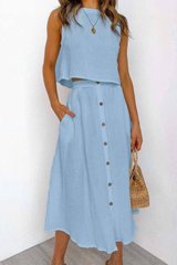 Жіночий костюм блуза та юбка на гудзиках, американський креп. Модель №593, колір блакитний, розмір 44-46 №593 фото