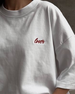 Бавовняна футболка oversize зі стильною вишивкою Lover. Модель В001 колір білий, розмір універсальний 42-46 В001 фото