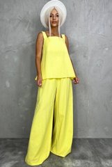 Льняной женский брючный костюм (блузка и брюки). Модель №625, цвет желтый, размер универсальный №625 фото