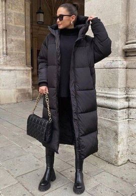 Жіноче зимове пальто на блискавці з капюшоном плащівка Лаке, селікон 300. Модель 601 колір чорний, розмір 42-44 601 фото